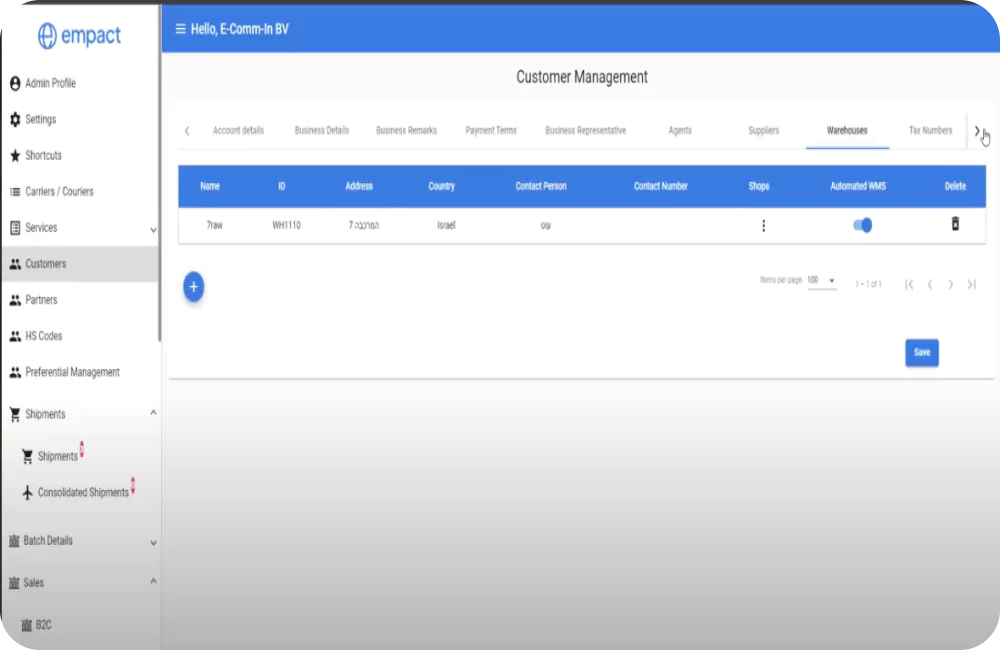 Warehouses section of the application