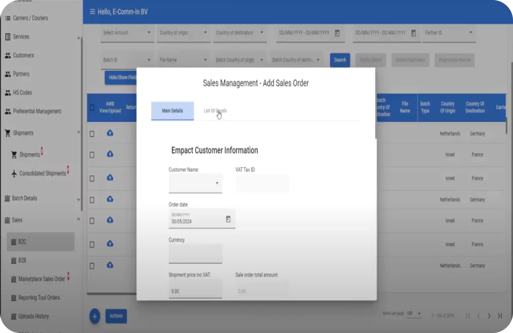 Sales management section of the application