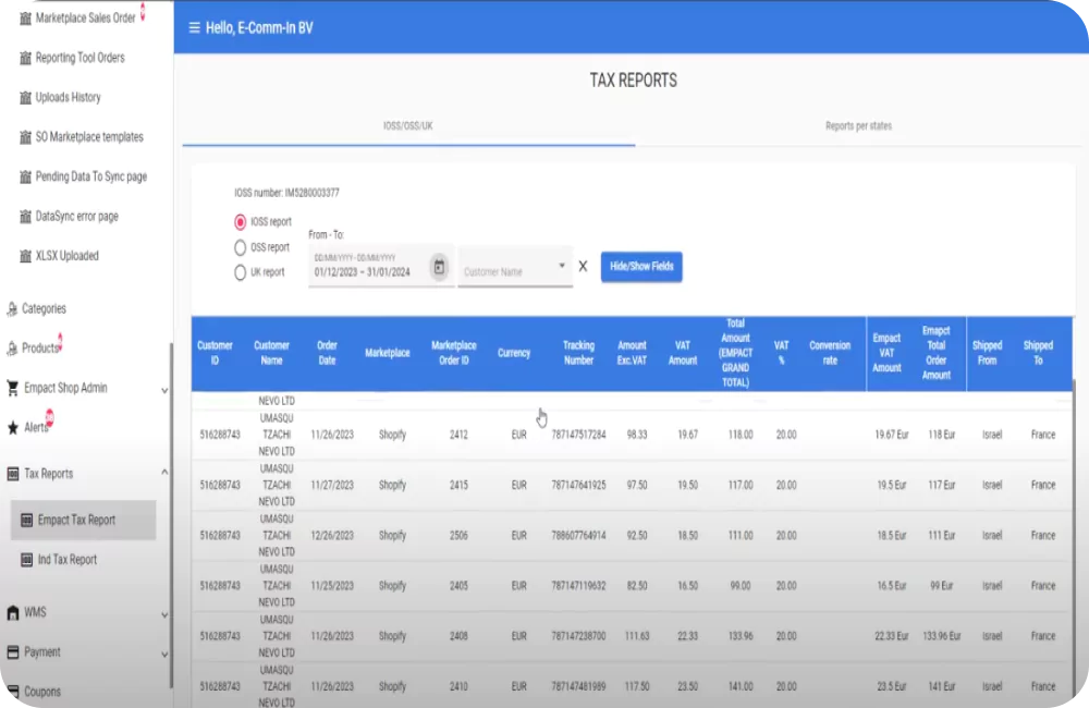 Tax report section of the application