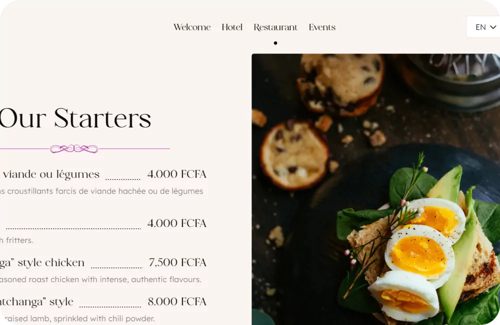 Interface design of the restaurant page with the menu displayed