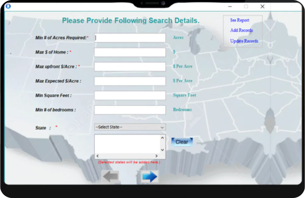 Interface displaying various criteria fields for users to fill.