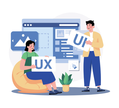 UI/UX designers holding UI and UX cards