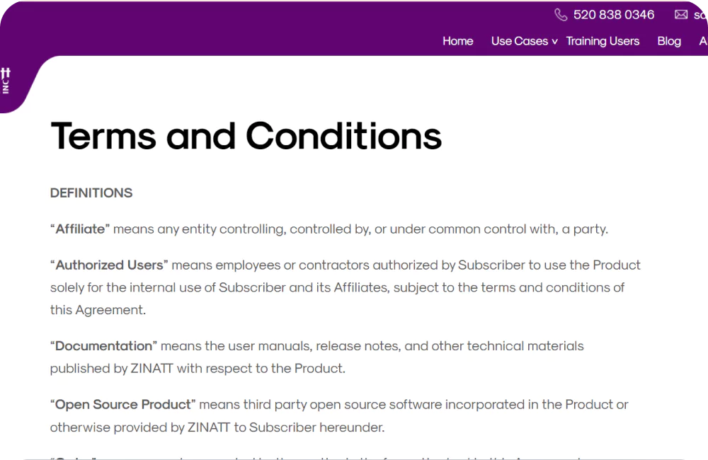 Interface of terms and conditions page