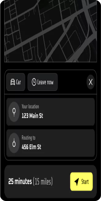 UI/UX design showing an interactive map with destination and time details