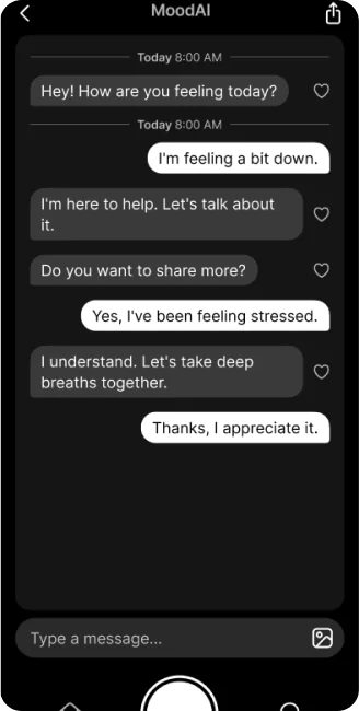 Mobile app interface showcasing chat between user and AI.