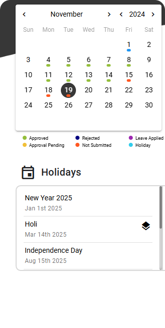 Mobile app interface displaying information about calendar, leaves, and holidays