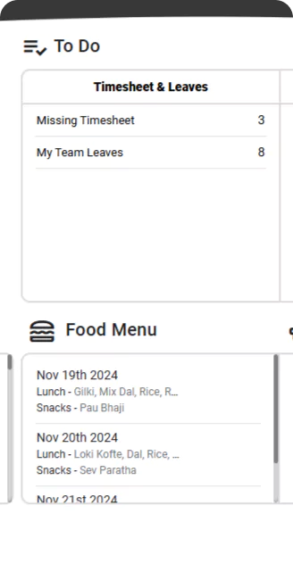 Mobile app interface displaying timesheet alerts and food menu