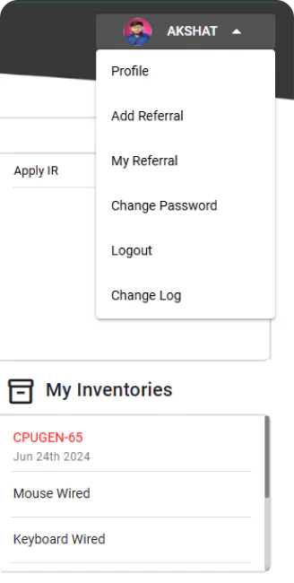 Mobile app interface displaying inventory of the employee and other details