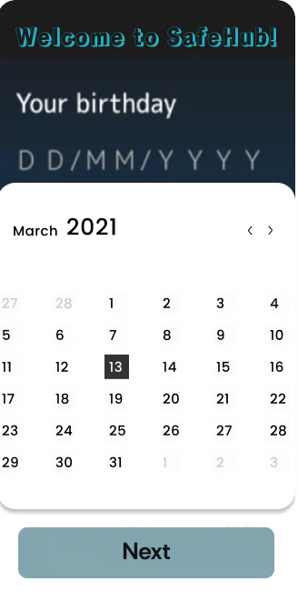 Mobile app interface prompting the user to enter their date of birth details