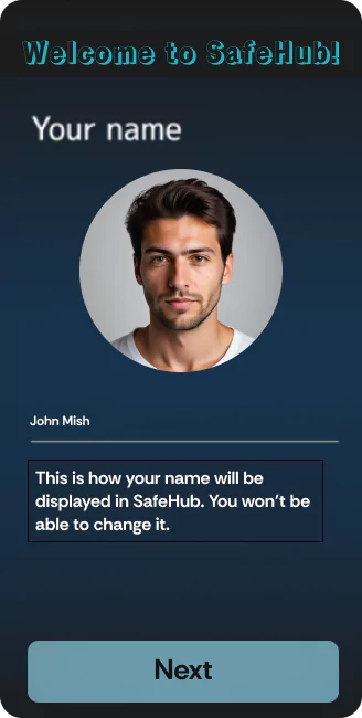 Mobile app interface prompting the user to enter their name.