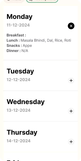 UI/UX design for the weekly menu page