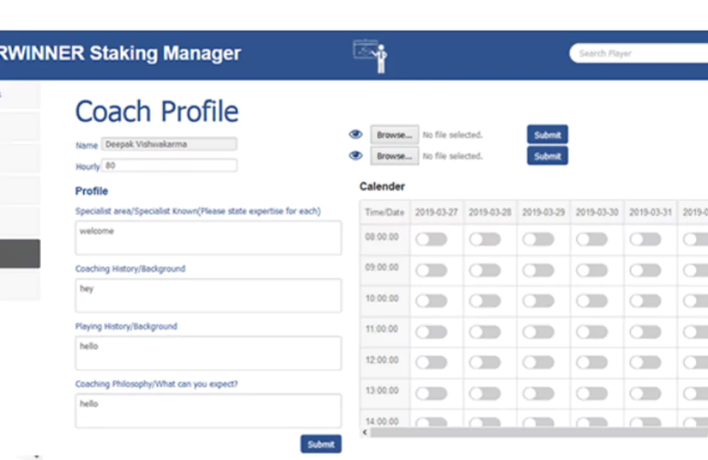 Interface of coach profile page containing relevant details