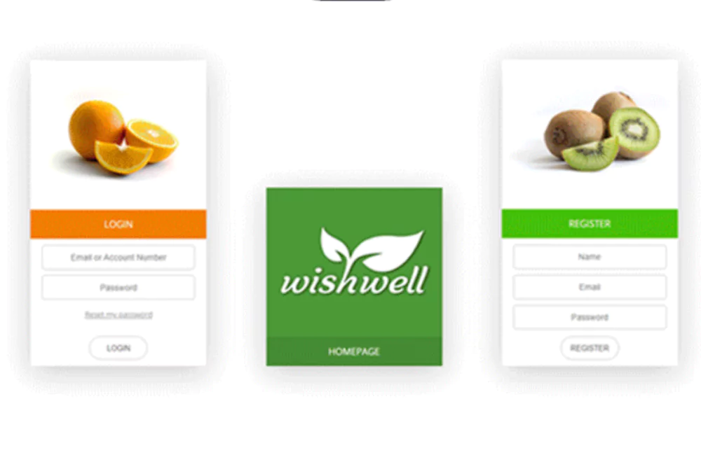 Interface of the login and register page with images of fruits